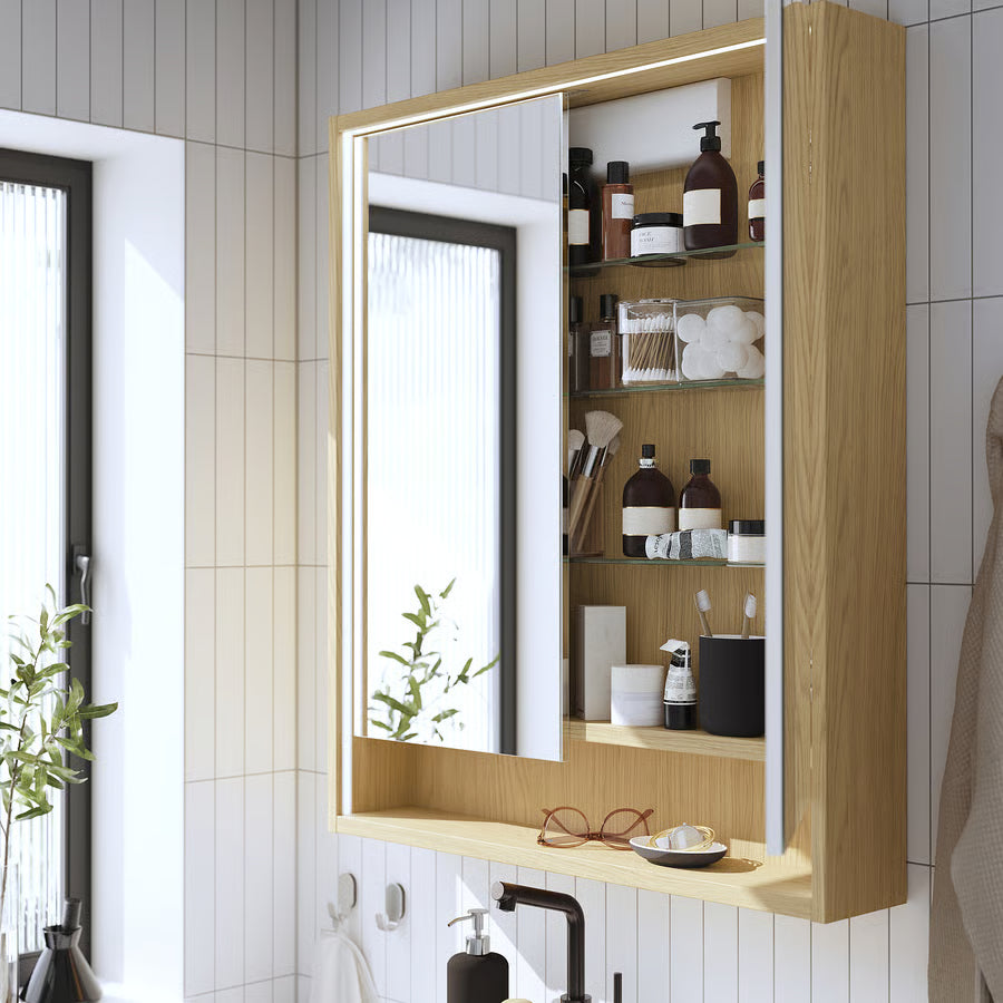 FAXÄLVEN Element s ogl i ugrađenom rasvjetom, efekt hrasta, 80x15x95 cm