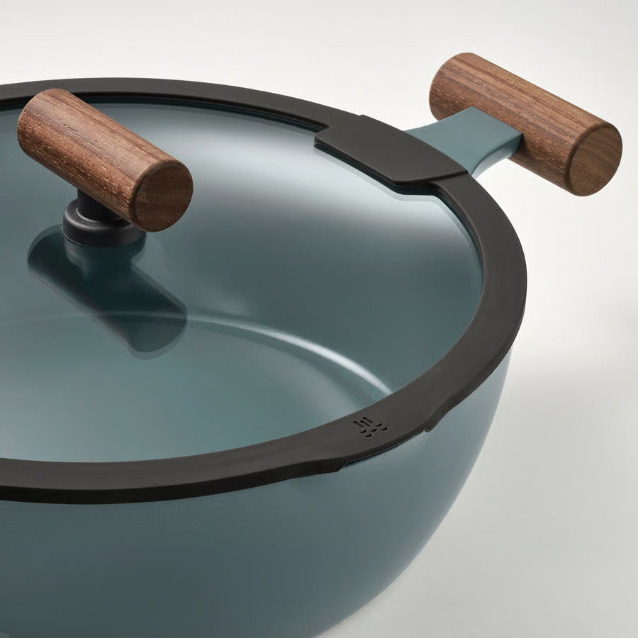 KLIPPFISK Duboka tava+poklopac, neljepljiv sloj staklo/drvo sivo-tirkizna, 28 cm