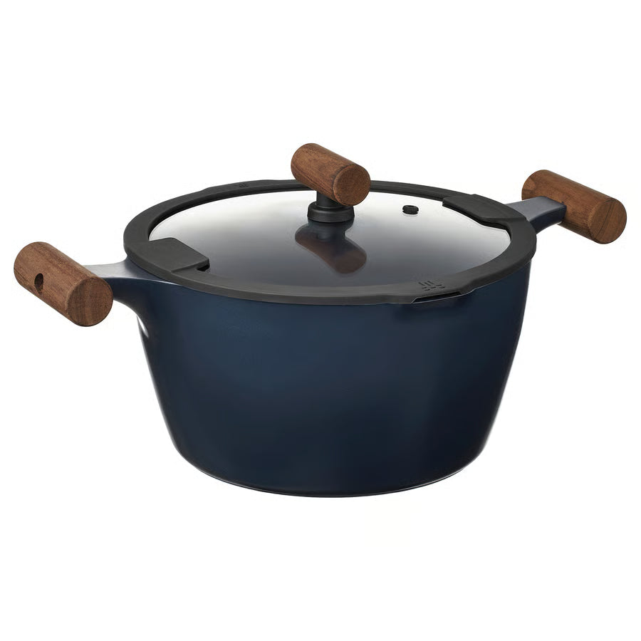 KLIPPFISK Lonac+poklopac, neljepljiv sloj staklo/drvo crno-plava, 5 l