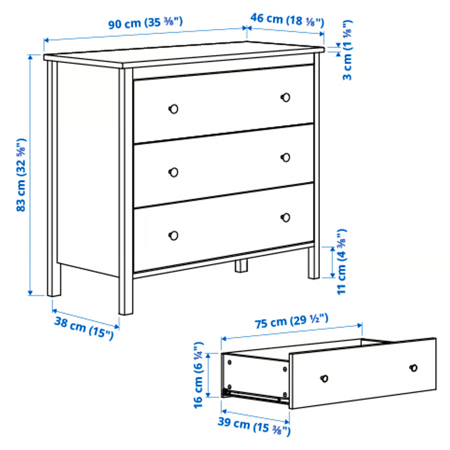 Komoda s 3 ladice, bijela, 90x46x83 cm