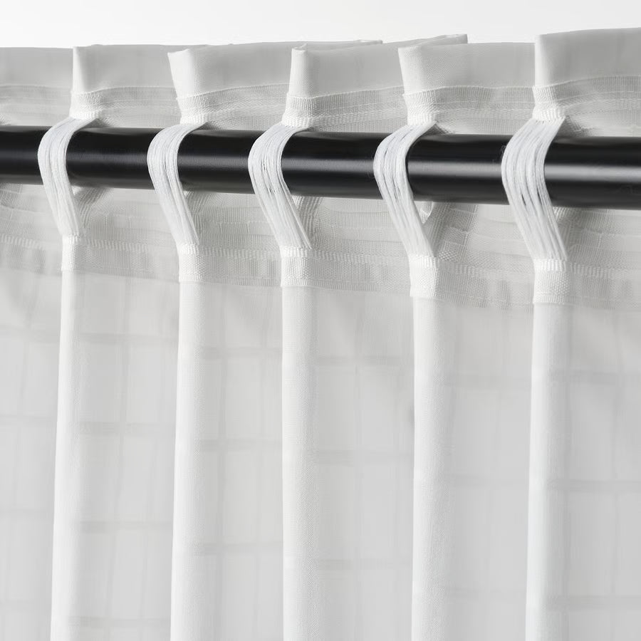 MÄSTERROT Zavjese, 1 par, bijela bijela/rešetka s gornjom trakom, 145x300 cm