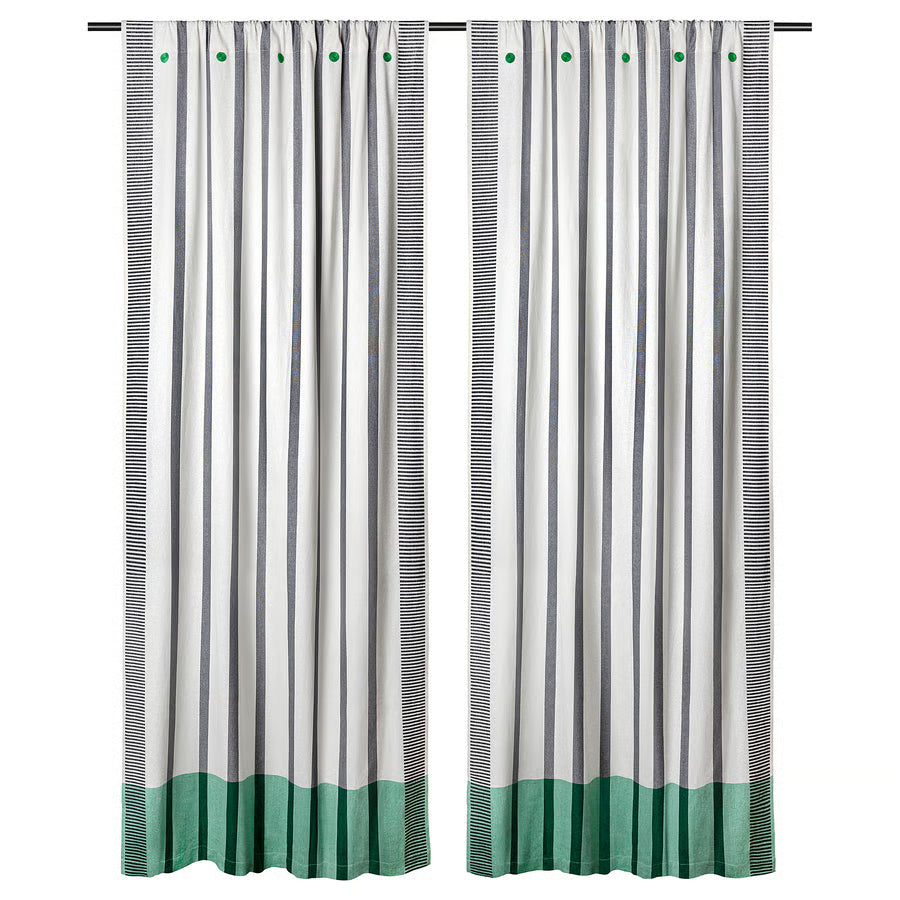 MÄVINN Zavjese, 1 par, crna/bijela/crta zelena, 110x300 cm
