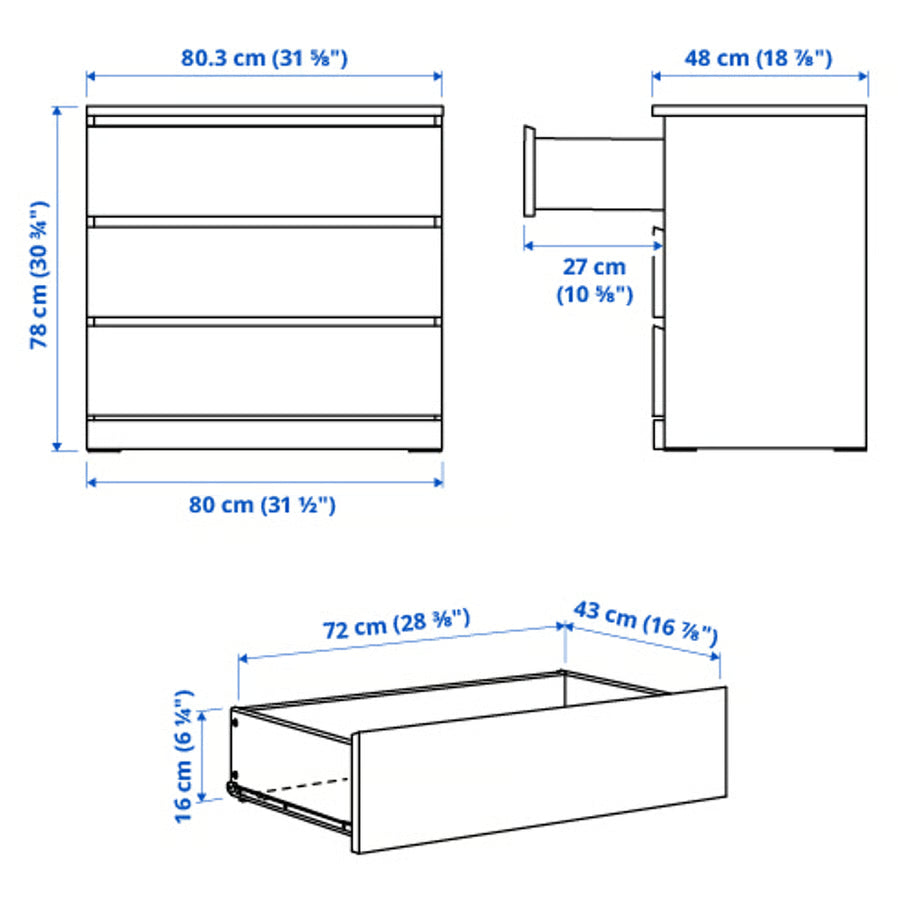 Komoda s 3 ladice, bijela, 80x78 cm