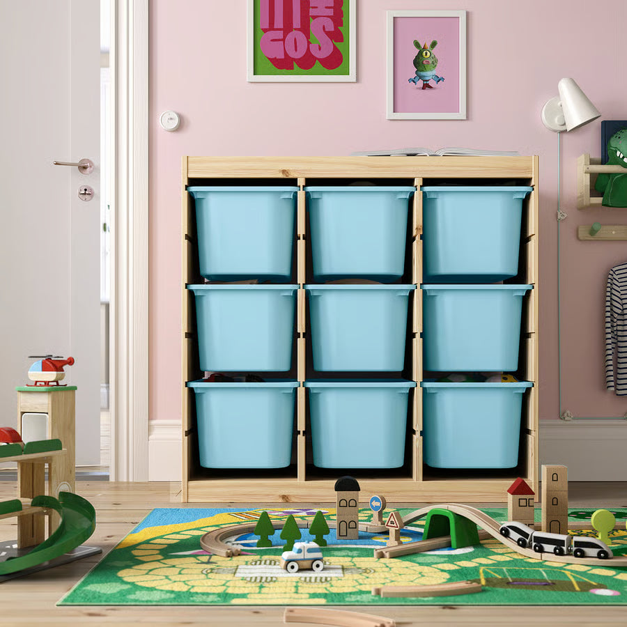 TROFAST Komb/odlaganje+kutije, sobna pregrada/svijetlobijelo bajcani bor svijetlo plava, 93x44x91 cm