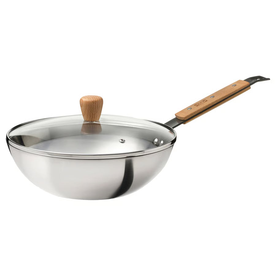 VARDAGEN Wok s poklopcem, staklo/čelik bukva, 28 cm